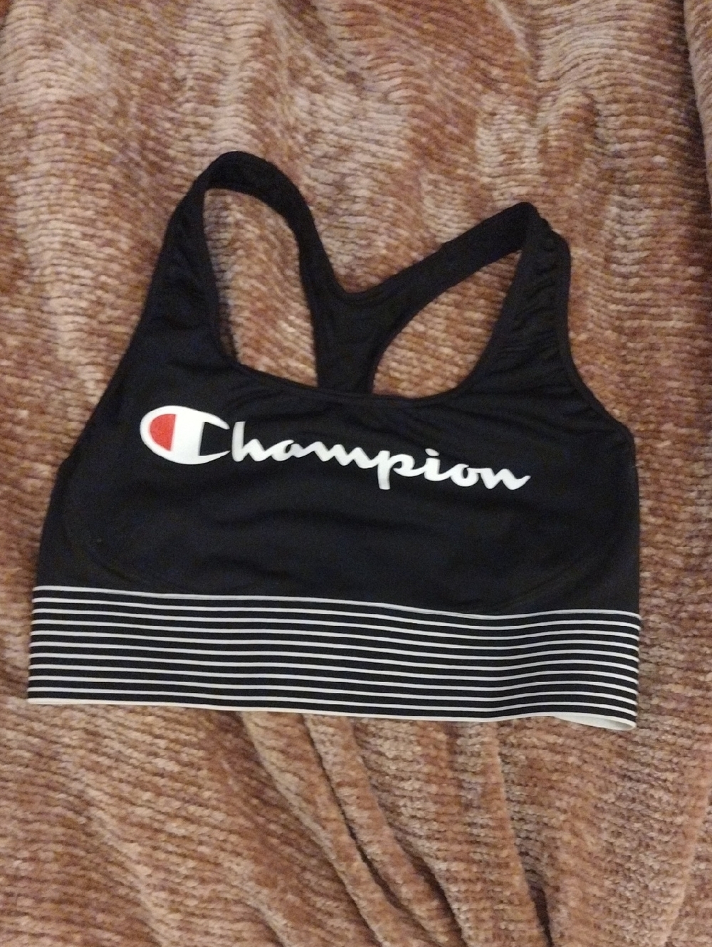 Champion Black Racerback Sports Bra with White Script and Striped Band